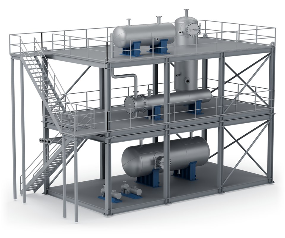 3D render of a two-level steel process module carrying vessels, an exchanger, pumps and a stair