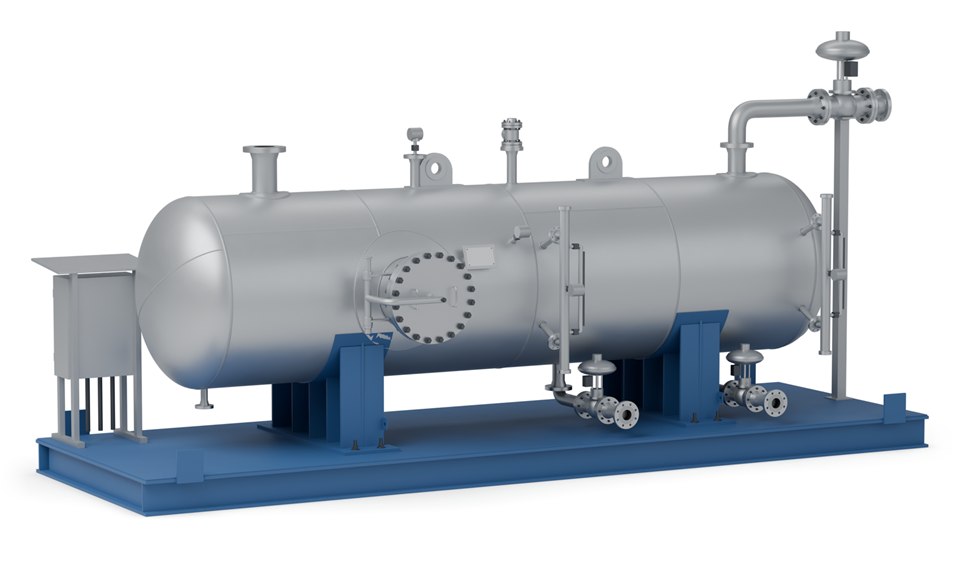 Skid-mounted horizontal three-phase separator with level bridles and control valves, illustration