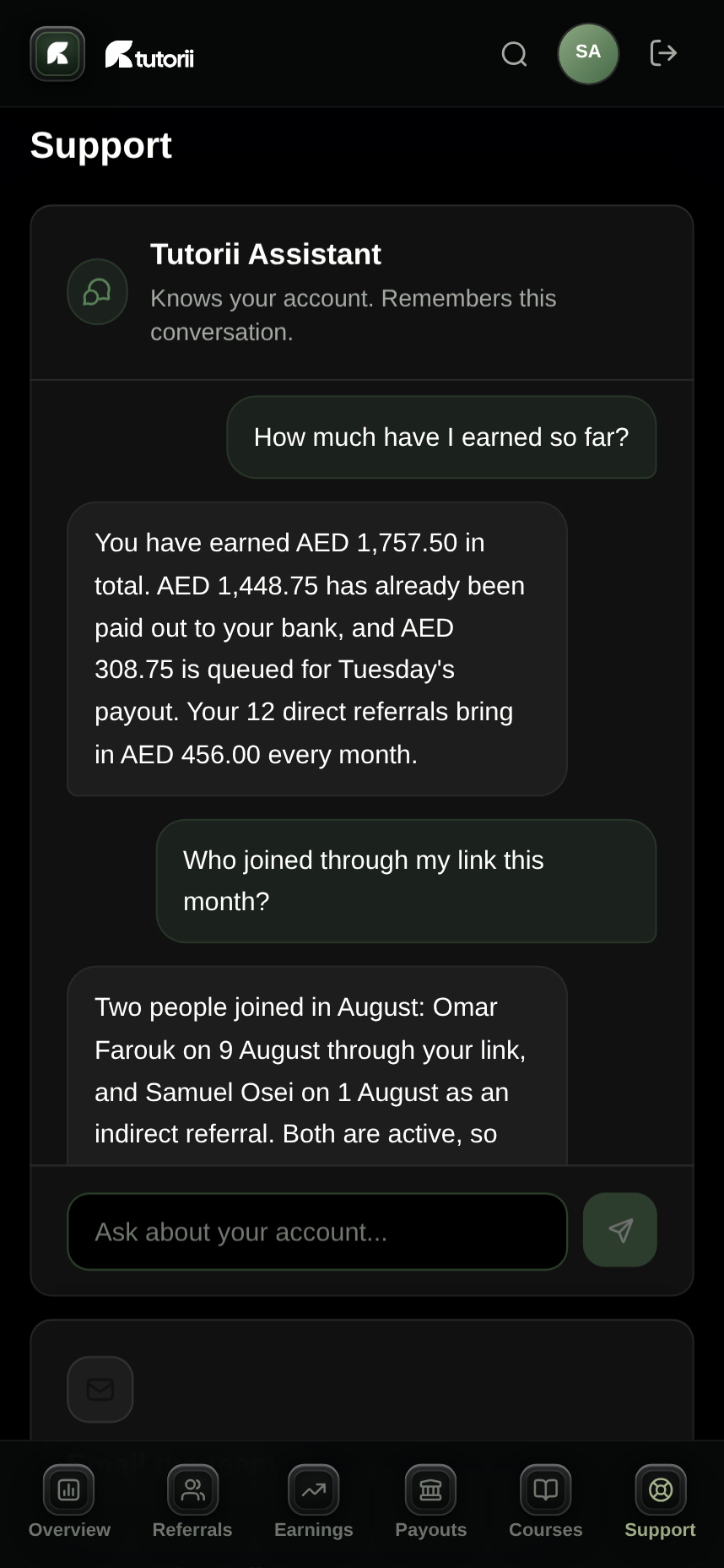 Tutorii assistant answering questions about earnings