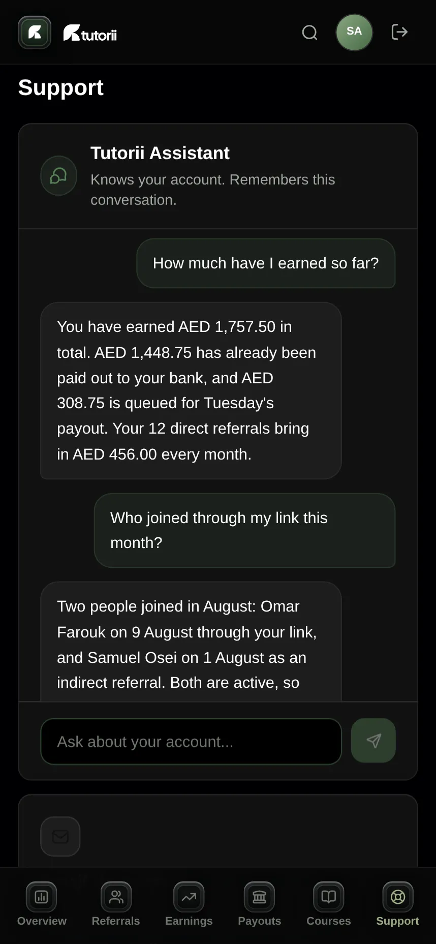 Tutorii assistant answering questions about earnings