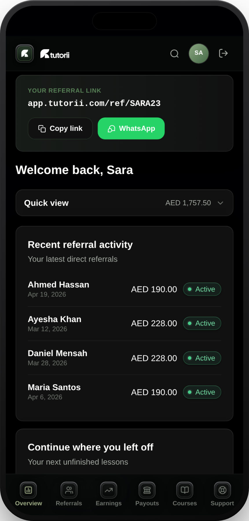 Tutorii app on an iPhone showing the member dashboard