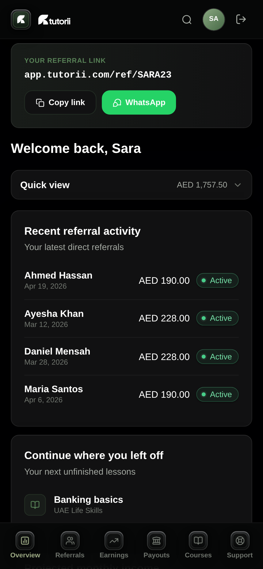 Tutorii member dashboard showing referral link and earnings