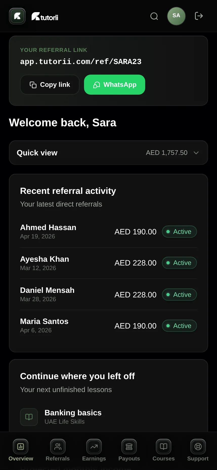 Tutorii member dashboard showing referral link and earnings