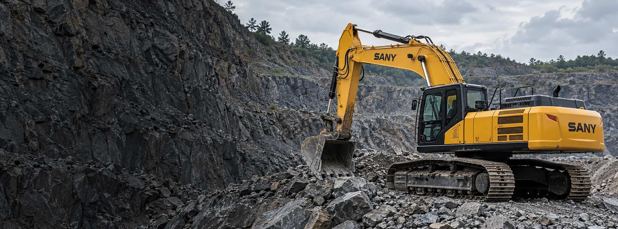 Illustrative SANY excavator in a Zambian-style quarry landscape