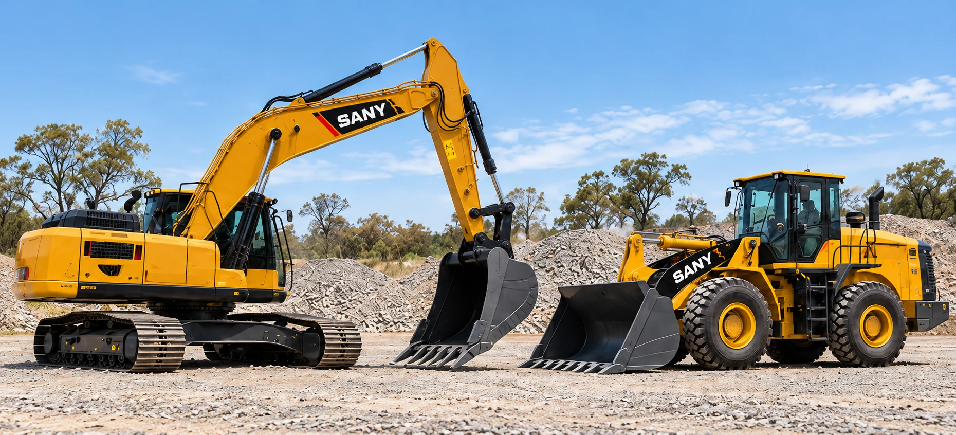 SANY excavator and wheel loader on a gravel equipment site