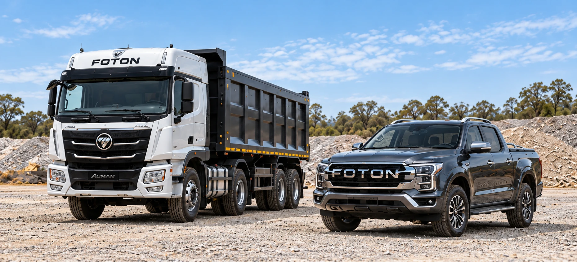 FOTON tipper truck and pickup on a gravel equipment site