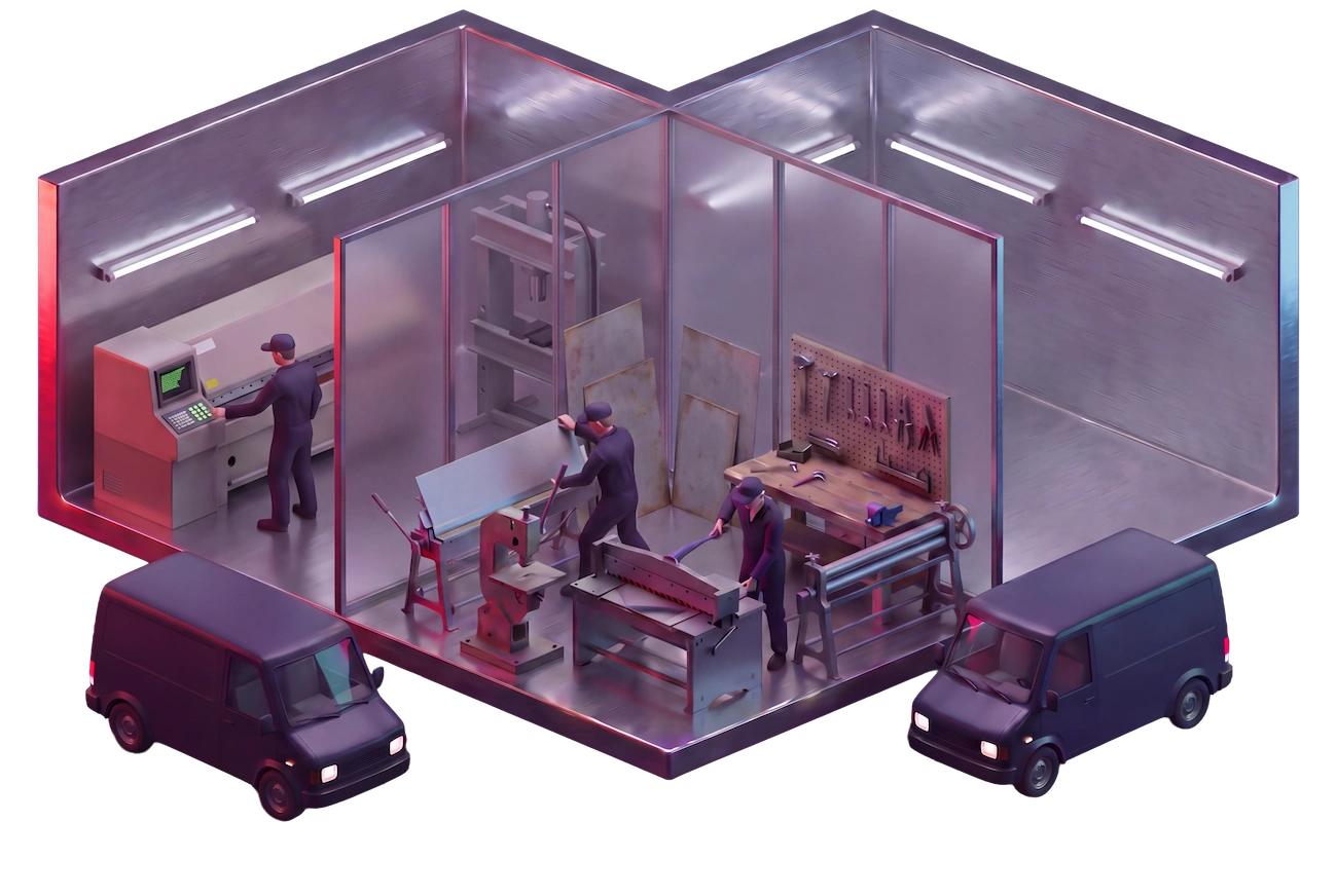 Isometrische Illustration: elektronisch gesteuerte Kantbank und Schlagschere für Bauteile bis 4 Meter in der Edelstahlfertigung, 1996