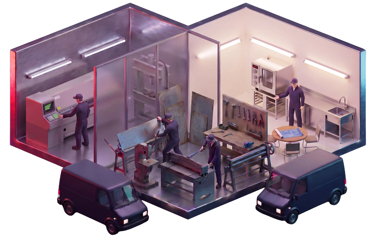 Isometrische Illustration: modernisierte Großküchen-Ausstellung und neue Büroräume der Halisch GmbH, 2001