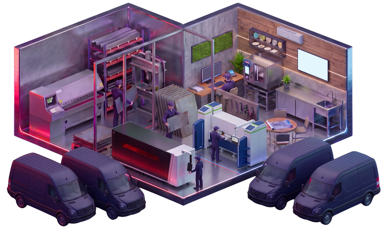Isometrische Illustration: CNC-Kantbank, Schlagschere und Flachbettlaser in der Edelstahlfertigung, 2025