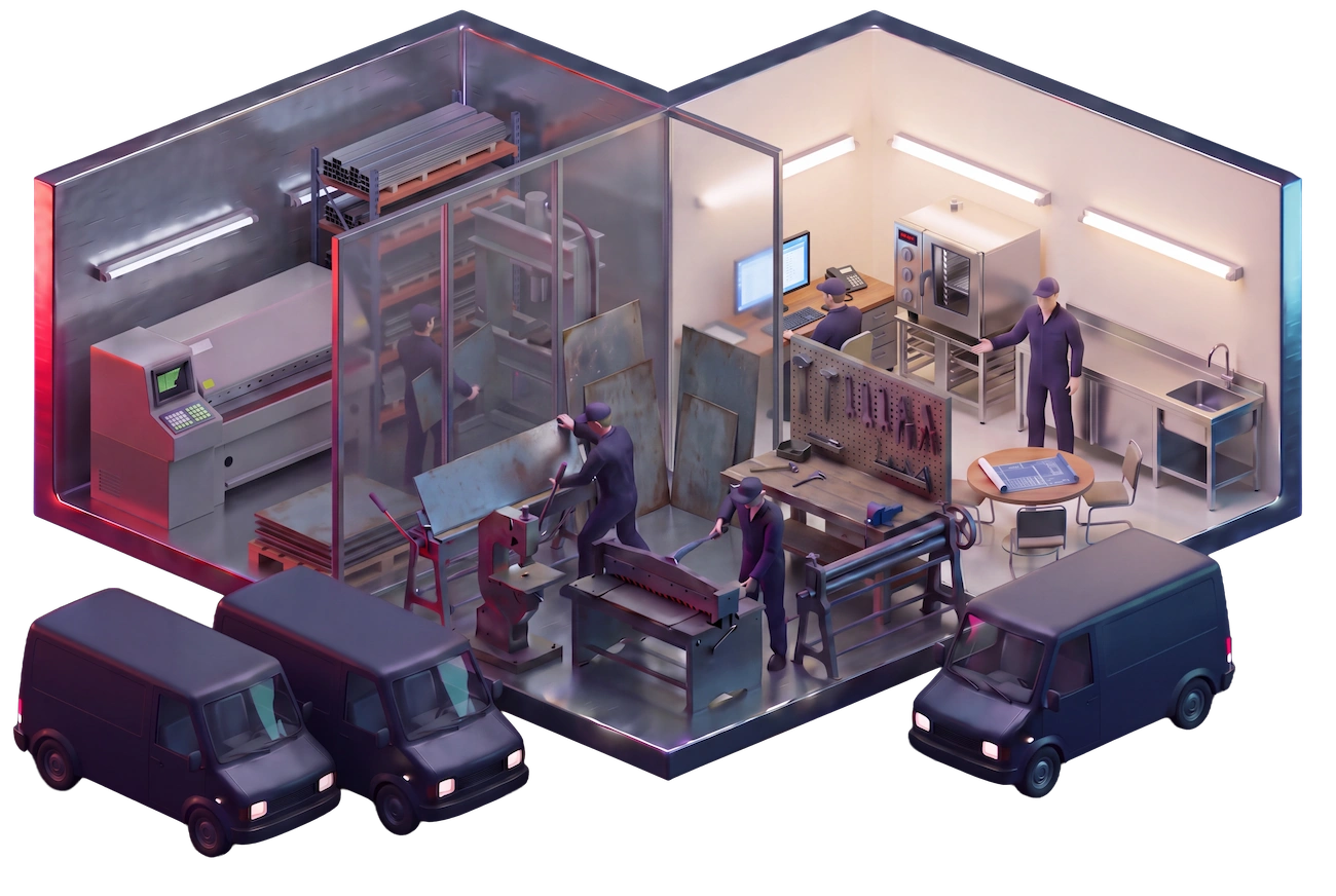 Isometrische Illustration: digitalisierte Abläufe mit neuer Warenwirtschaft und PC-Arbeitsplätzen, 2008