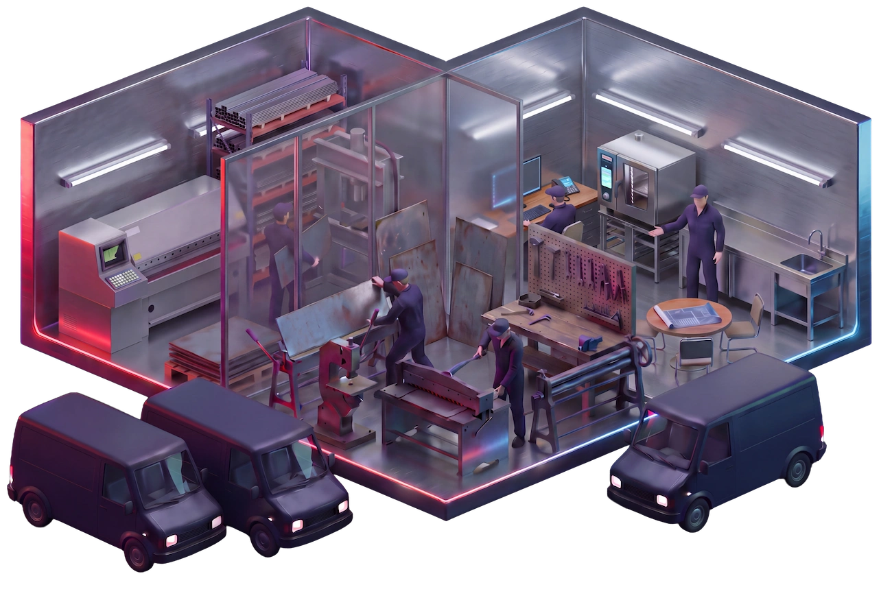Isometrische Illustration: erneuerte IT-Infrastruktur und neues Warenwirtschaftssystem der Halisch GmbH, 2017