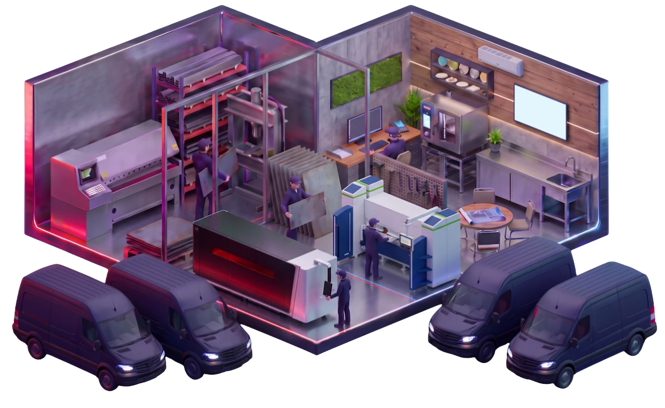 Isometrische Illustration: CNC-Kantbank, Schlagschere und Flachbettlaser in der Edelstahlfertigung, 2025