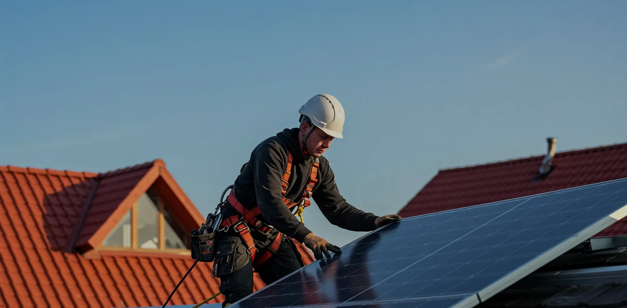 Worker wearing helmet and harness installing solar panels on a roof with red tiles in daylight.