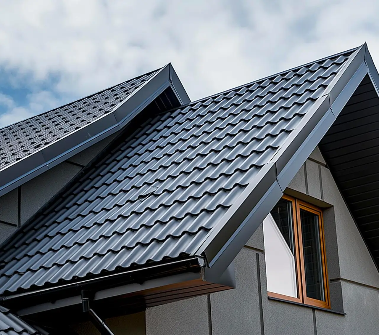 Close-up of a modern house roof with dark gray metal tiles and a window with a wooden frame.