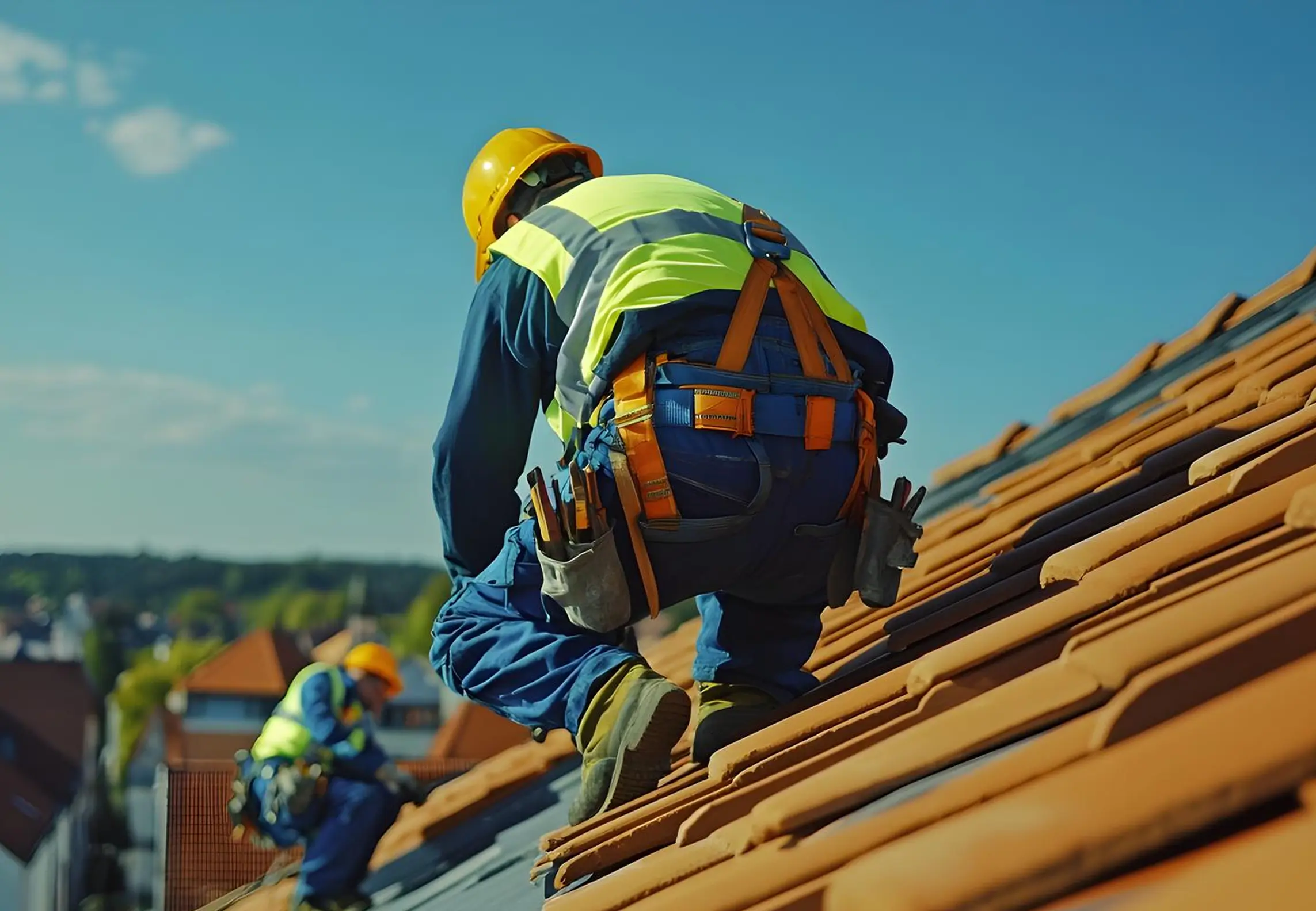 Two construction workers in safety gear working on a sloped roof with orange tiles under a blue sky.