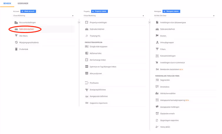 Google Analytics beheerderspagina