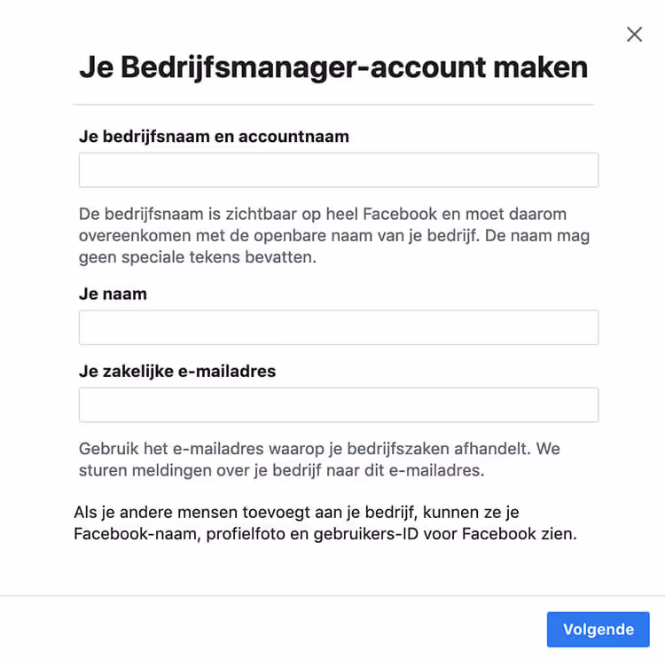 Facebook bedrijfsmanager account aanmaken