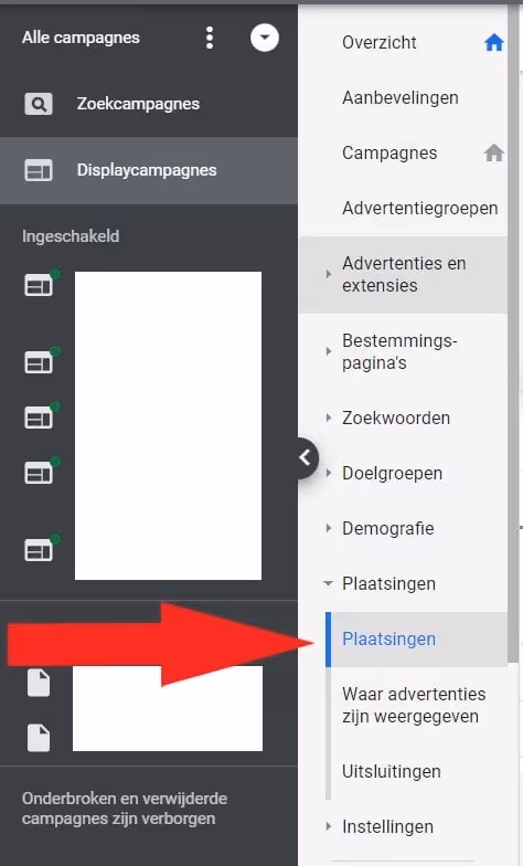 Screenshot van knop plaatsingen binnen Google Ads