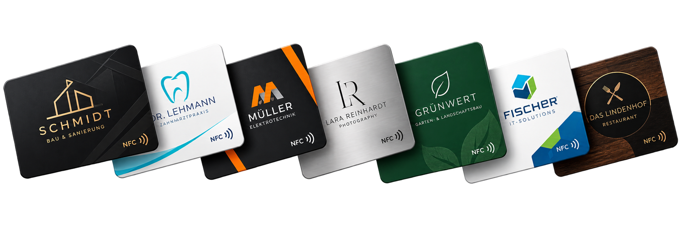 Beispiele für individuell gestaltete NFC-Visitenkarten in verschiedenen Branchen