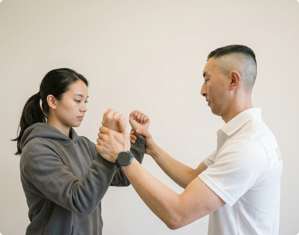 An exercise physiologist guiding a client through a resistance exercise