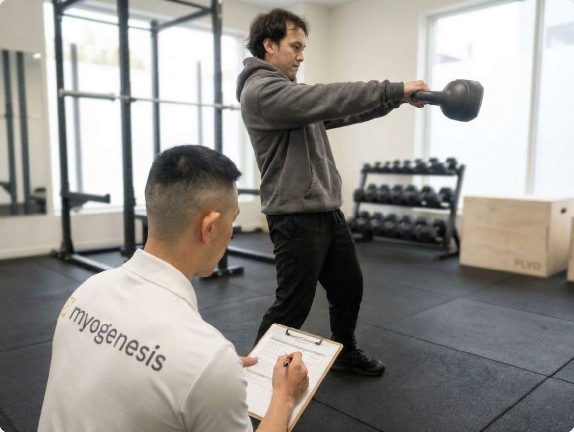 An exercise physiologist supervising a client lifting a kettlebell in the gym