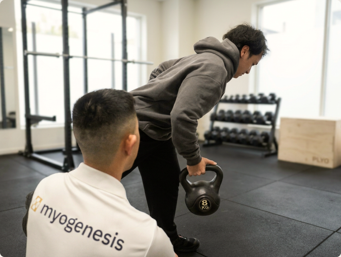 A trainer coaching a client through a kettlebell lift in the gym