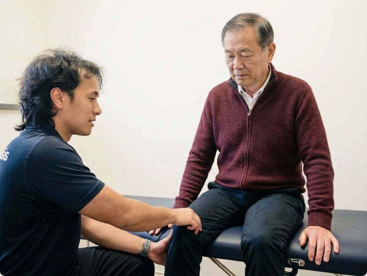 A practitioner treating an older client's knee during an appointment