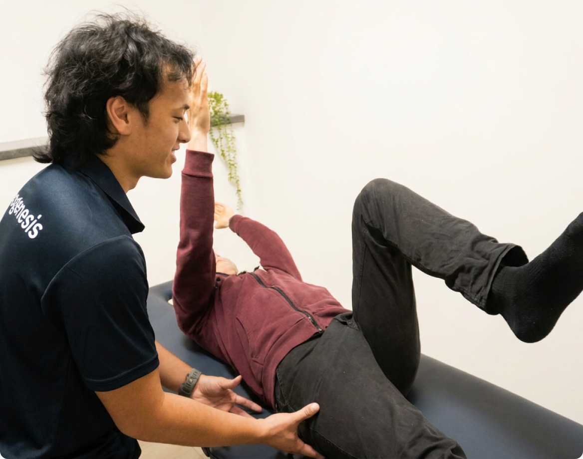 A practitioner supporting a client through a leg exercise on a treatment table