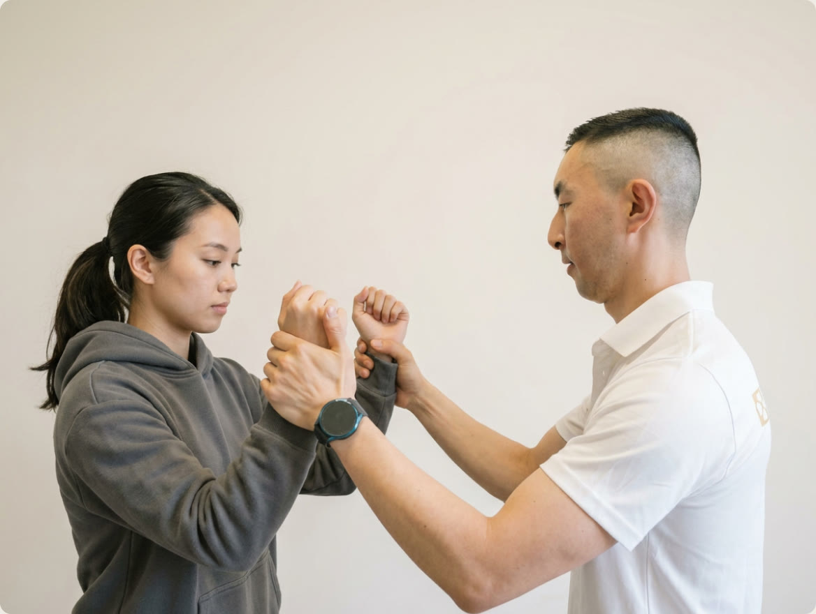 A Myogenesis practitioner working through an arm and wrist exercise with a client