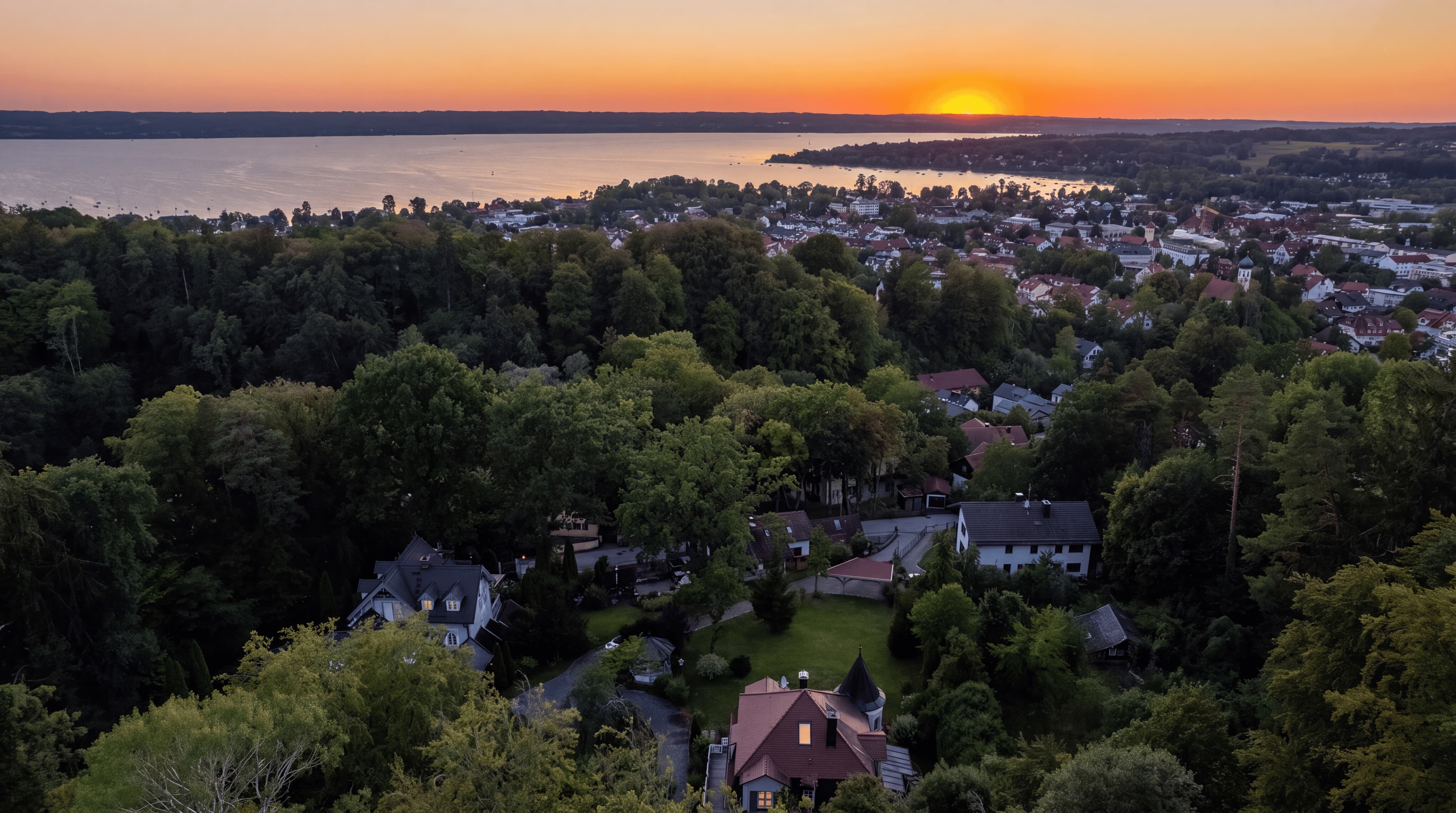 Sonnenuntergang über einer Stadt mit dichten Bäumen und einem großen See im Hintergrund.