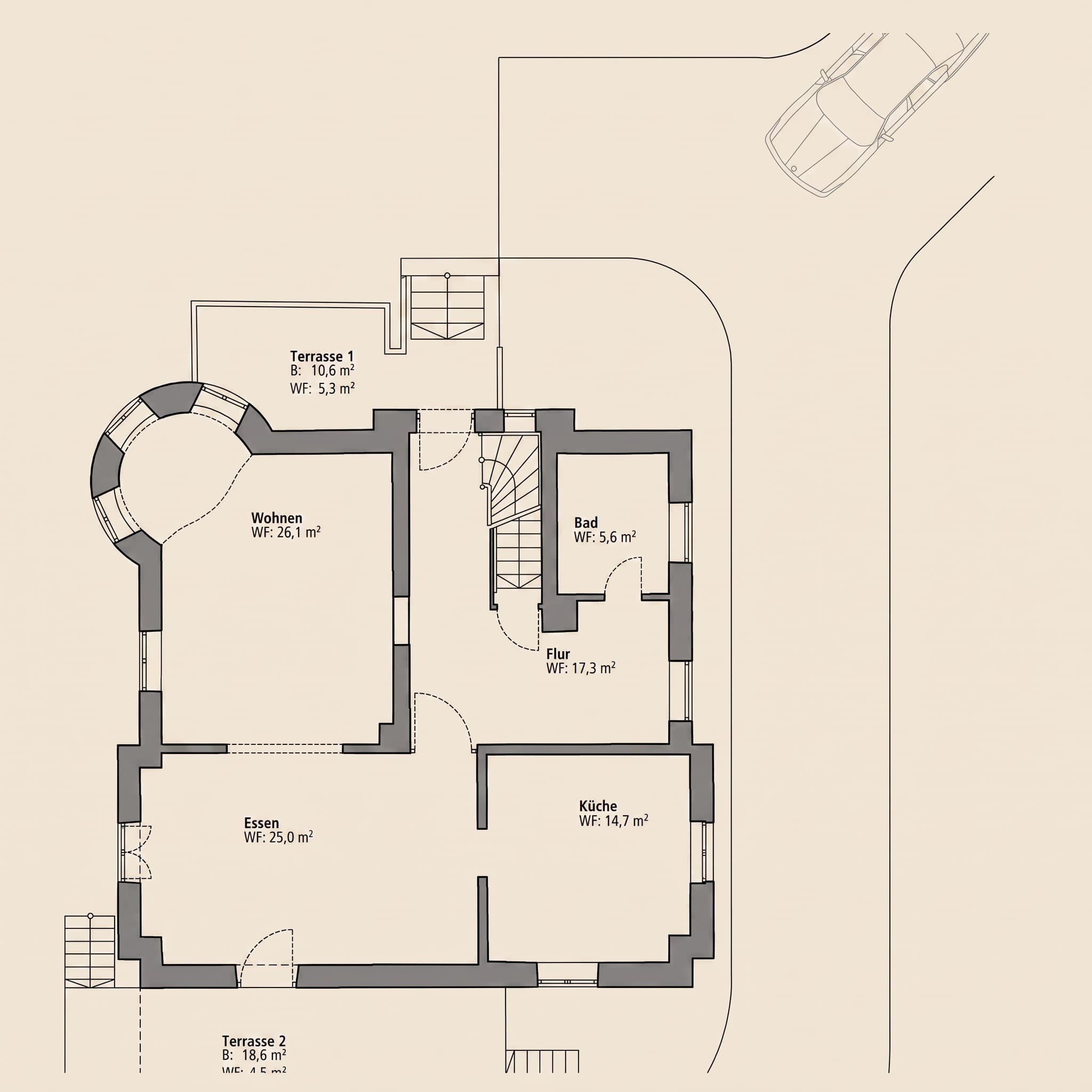 Grundriss vom Erdgeschoss mit Wohn-, Esszimmer, Küche, Bad, Flur und zwei Terrassen.