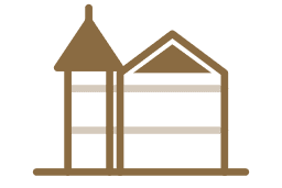 Braunes Icon eines Gebäudes mit Turm und angrenzendem dreieckigem Dach.