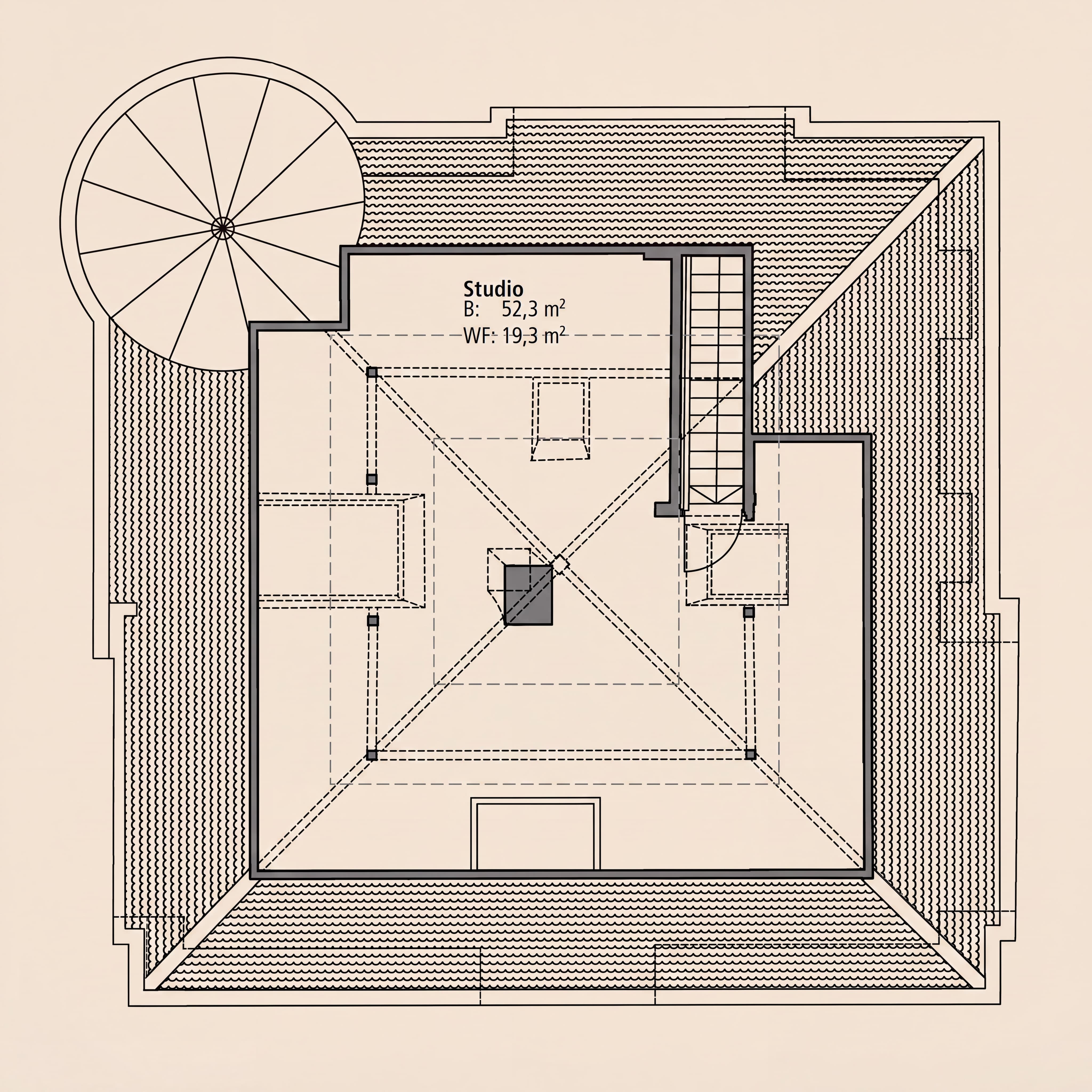 Grundriss eines Studios mit 52,3 m² Fläche und 19,3 m² Wohnfläche, Treppe links oben.