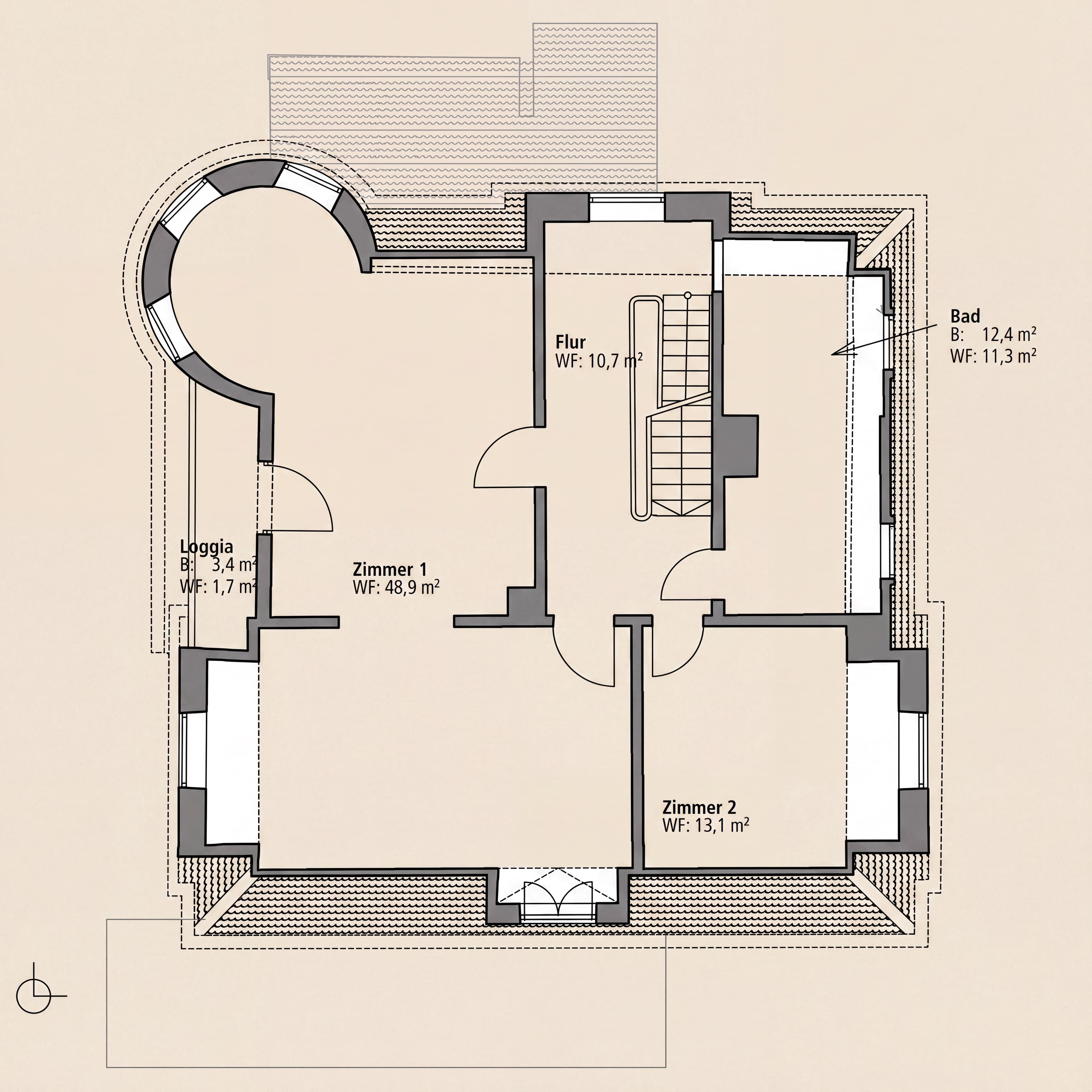 Grundriss eines Hauses mit zwei Zimmern, Flur, Bad und einer Loggia, alle mit Flächenangaben.