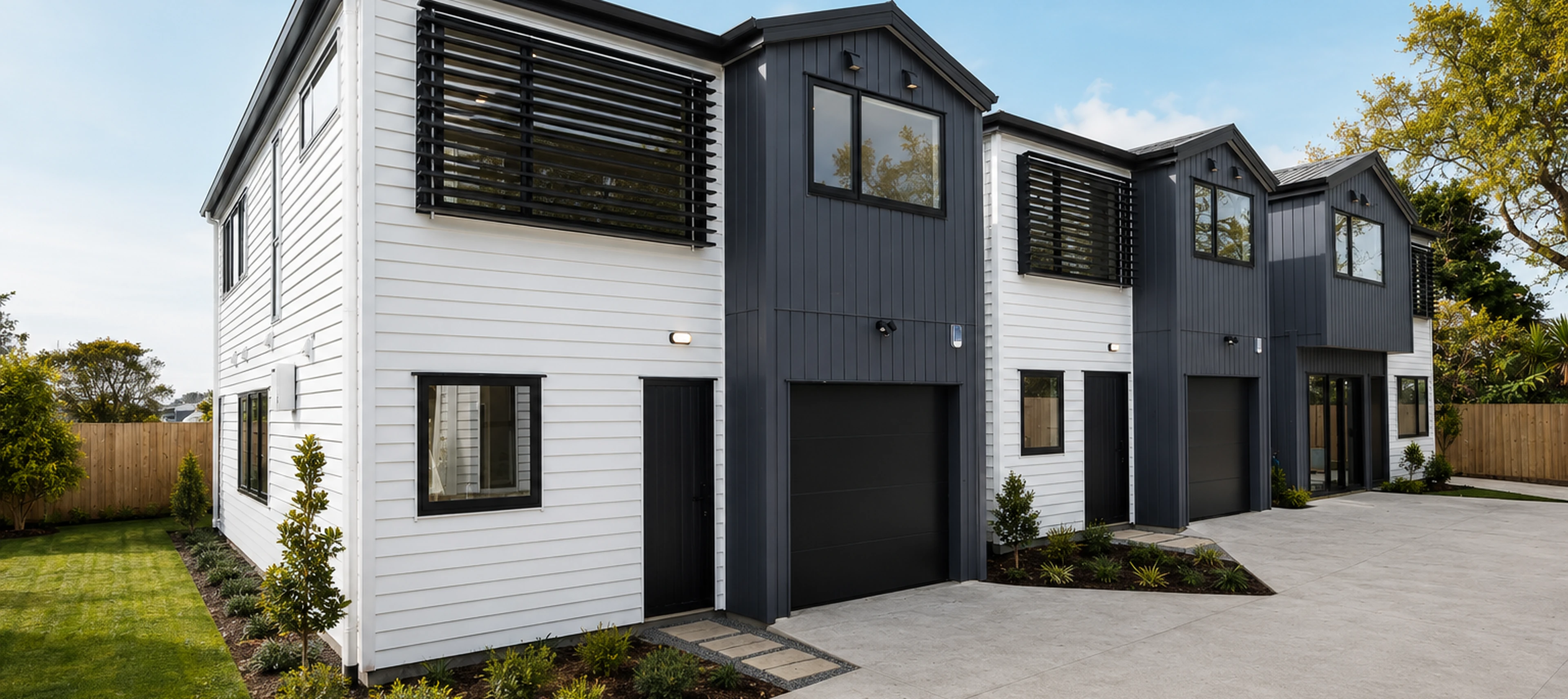 The Eden Group homes at 12-14 Taupo Street, Green Bay, in white weatherboard and grey vertical cladding with internal access garages.