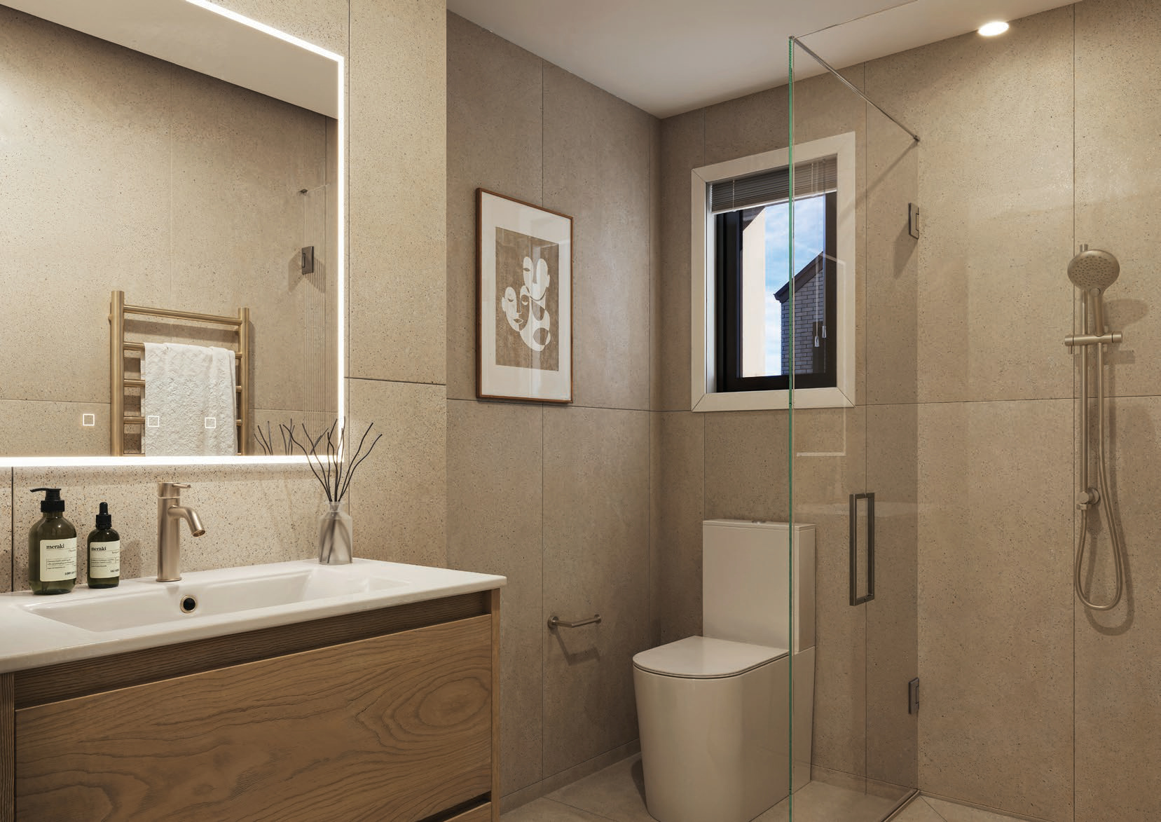 Ensuite with a walk-in glass shower, timber vanity and stone-look tiling