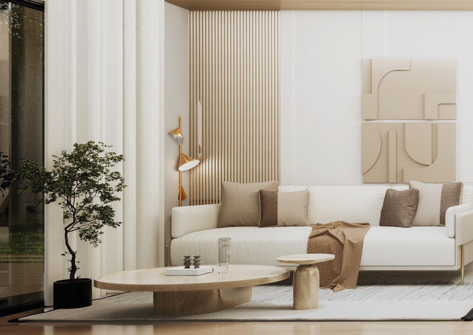 Living room with a pale sofa, oak slat wall panelling and a garden outlook