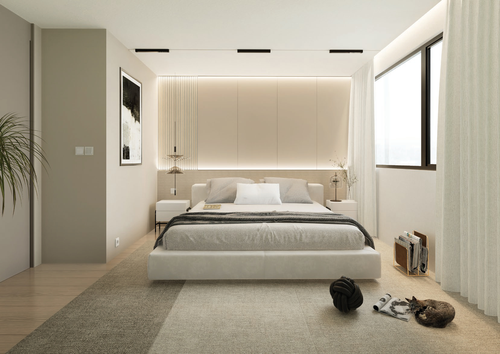 Main bedroom with an upholstered bed, backlit panelled headboard wall and wide windows