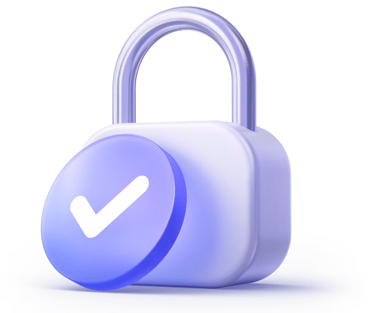 White padlock with a translucent purple checkmark symbol on a circular disc in front.