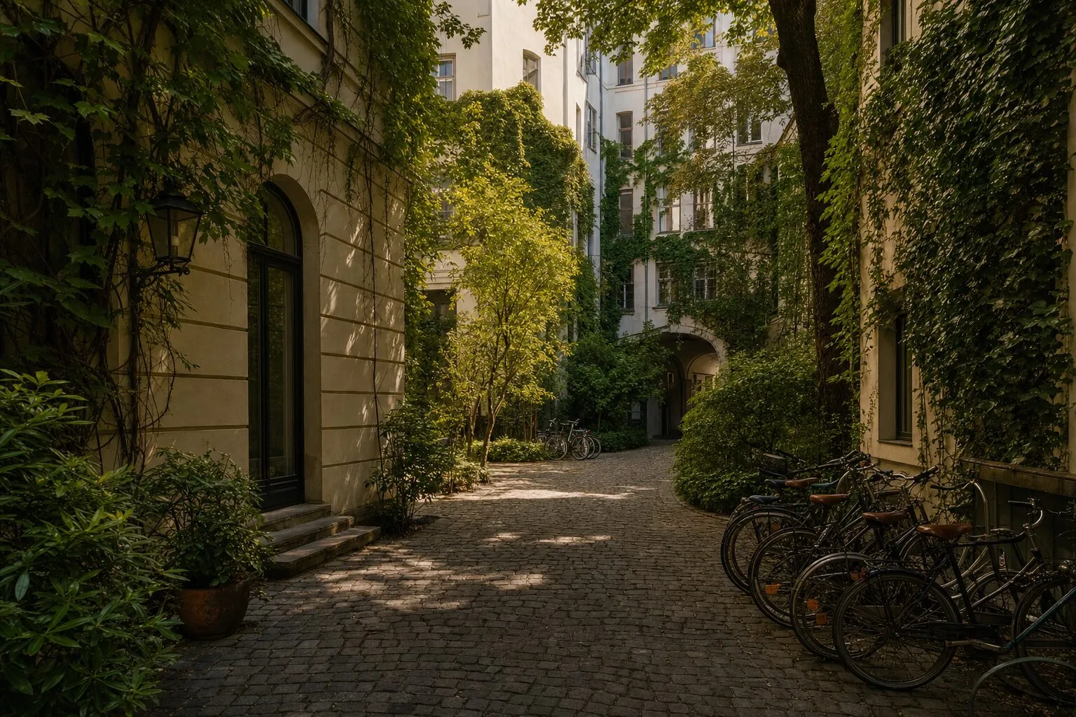 Begrünter Innenhof eines Wohnhauses