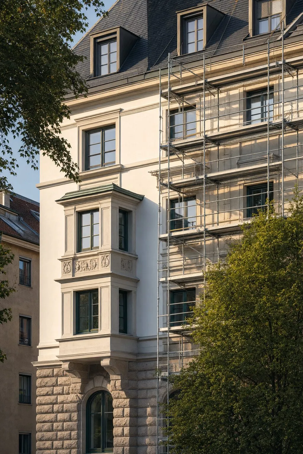 Frisch saniertes Wohnhaus mit Gerüst