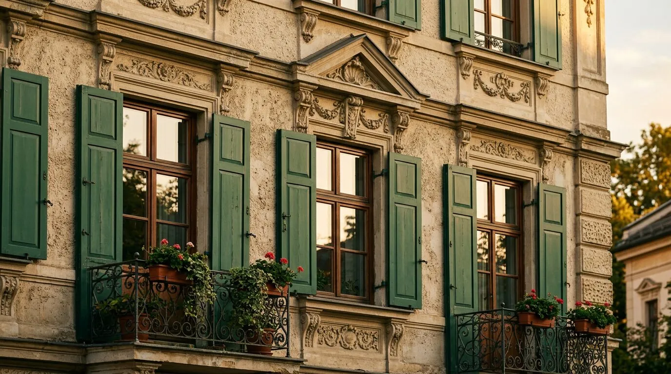 Fassade eines klassischen Wohnhauses mit grünen Fensterläden