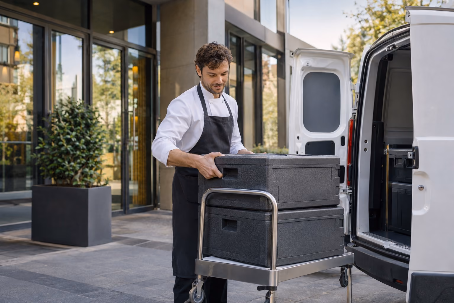 Een cateringmedewerker zet gesloten transportboxen klaar voor bezorging.