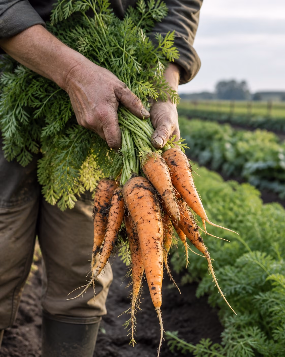 Handen houden een bos pas geoogste wortelen boven de moestuin.