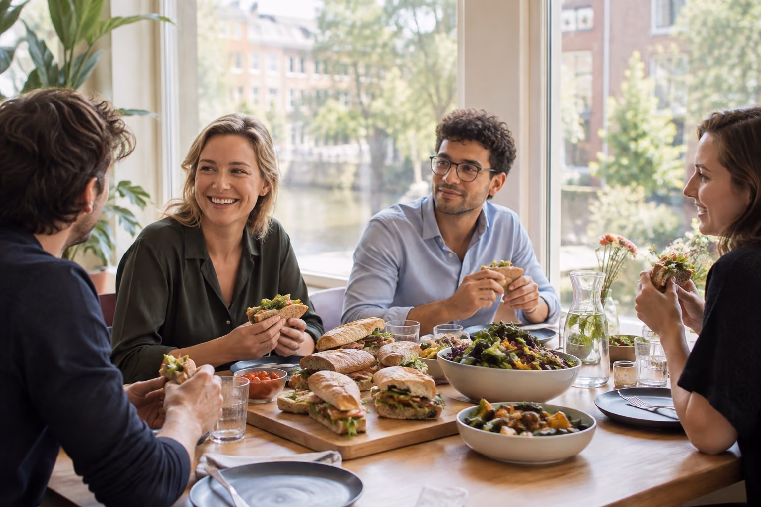 Een verzorgde lunchtafel in een lichte ruimte met uitzicht op een gracht.