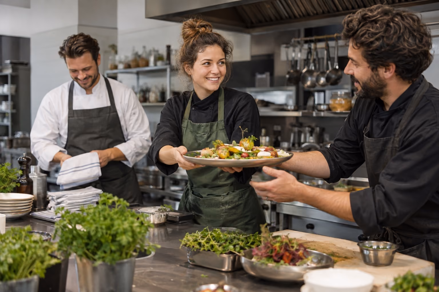 Koks werken samen aan de voorbereiding van een cateringmaaltijd.