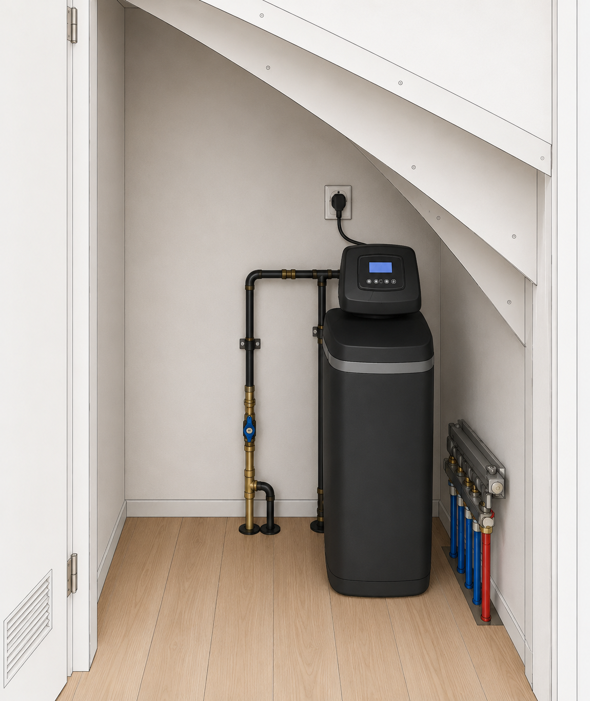 Illustratie van een staand wateronthardermodel in een technische ruimte
