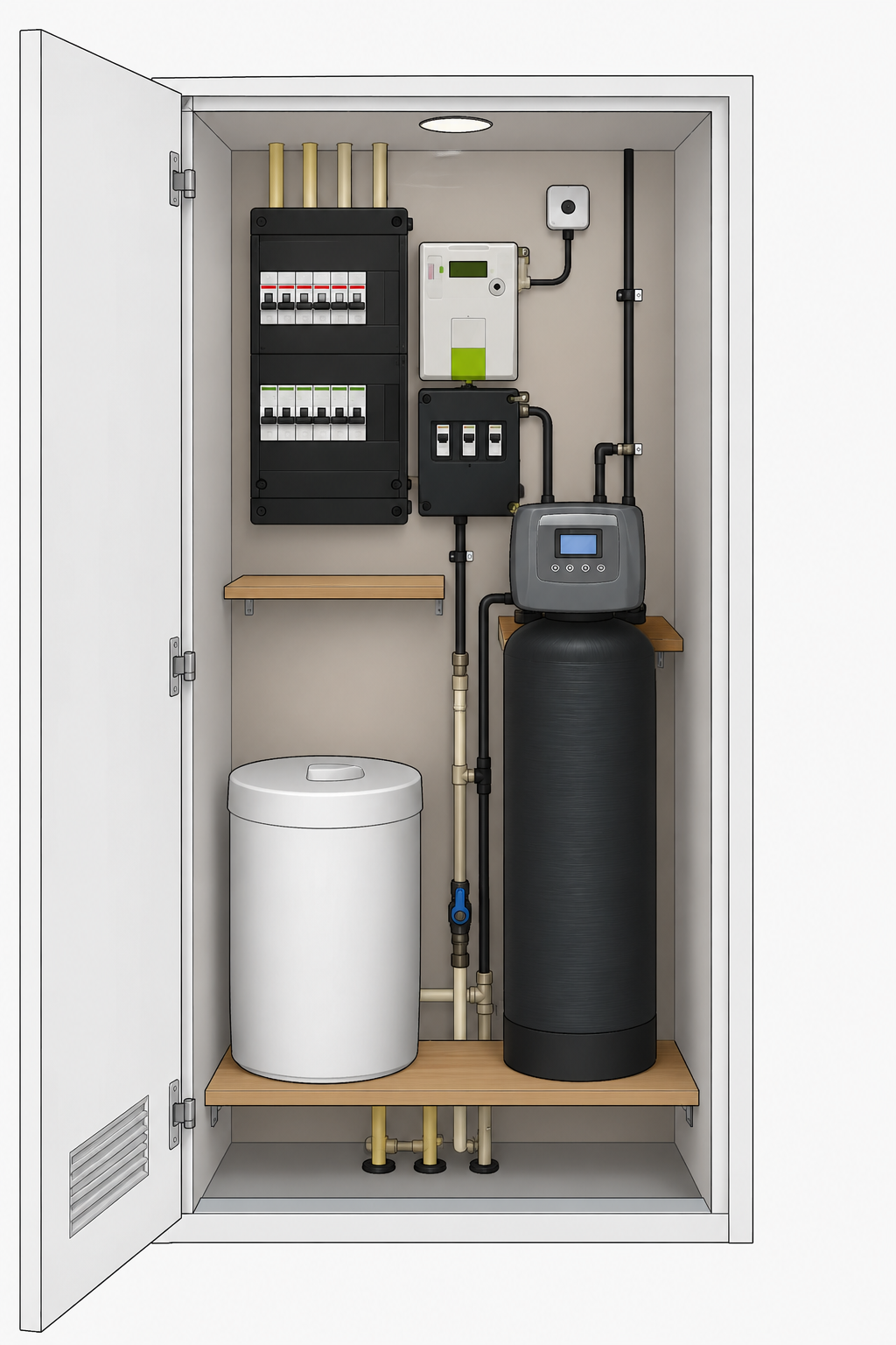 Illustratie van een compact wateronthardermodel bij een meterkast