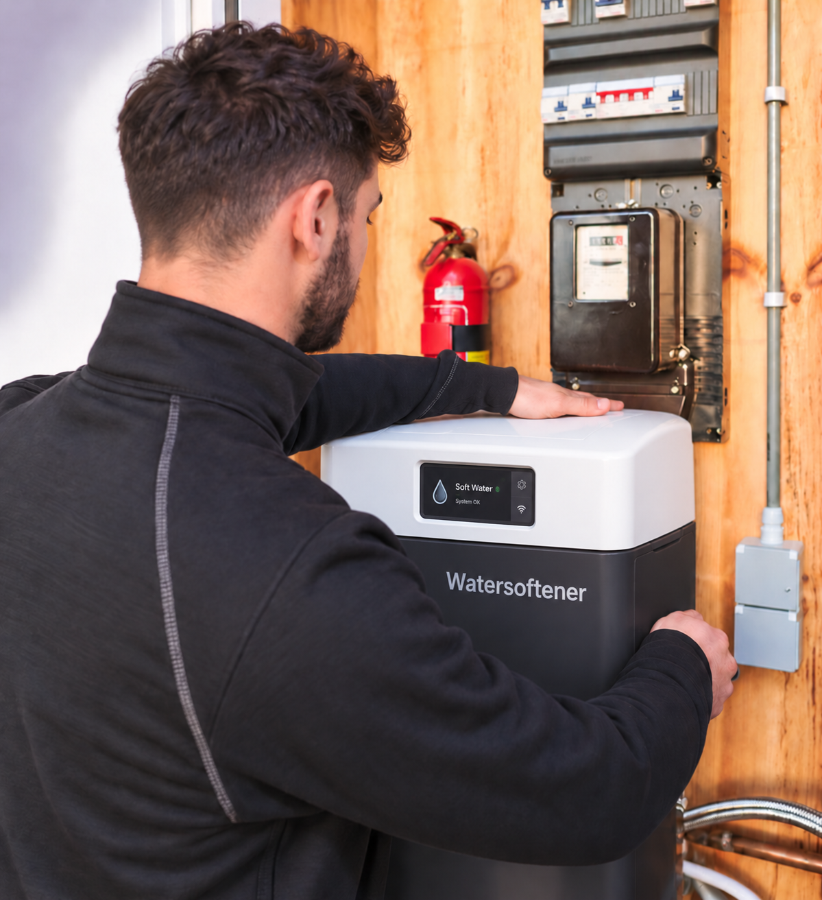 Installatie van een waterontharder met leidingwerk