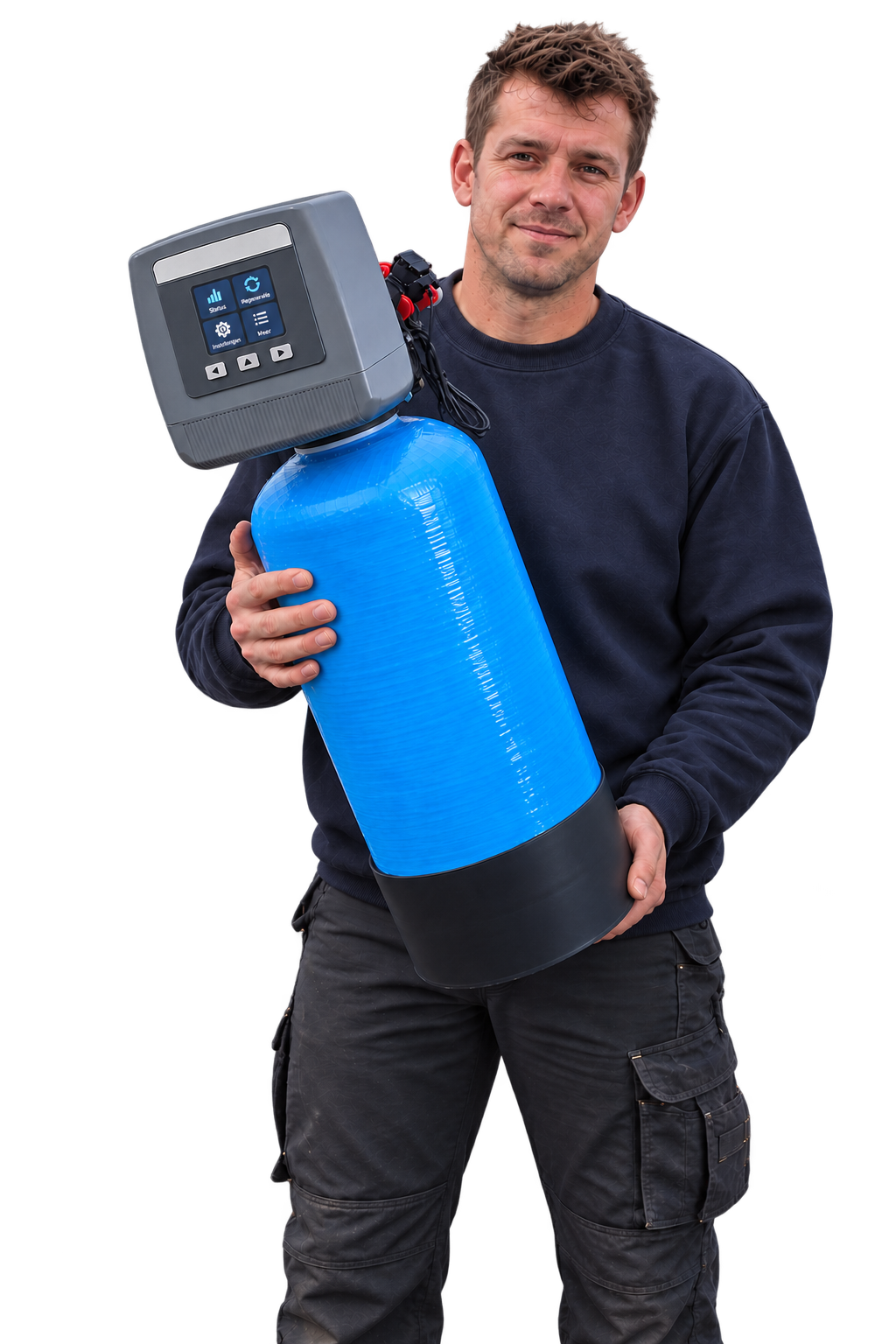 Monteur met waterontharder als onderdeel van aanschaf en installatie
